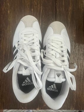adidas White Sneakers with Black Stripes and Tan Accents